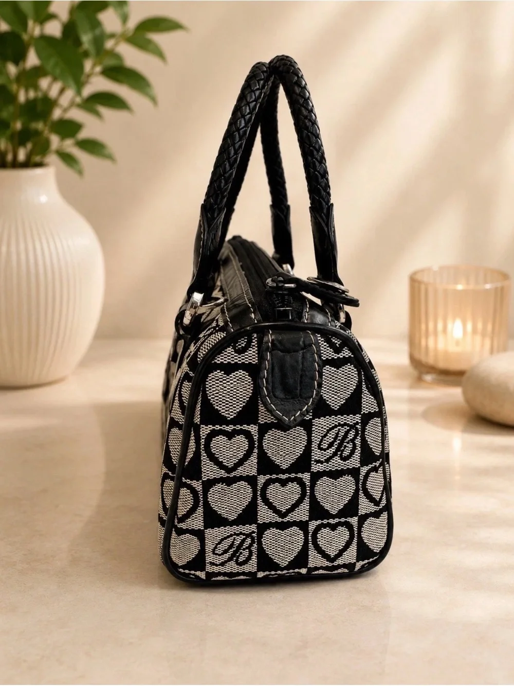 Brighton Signature Black Jacquard Mini Top Handle Bag Satchel Handbag Purse EUC